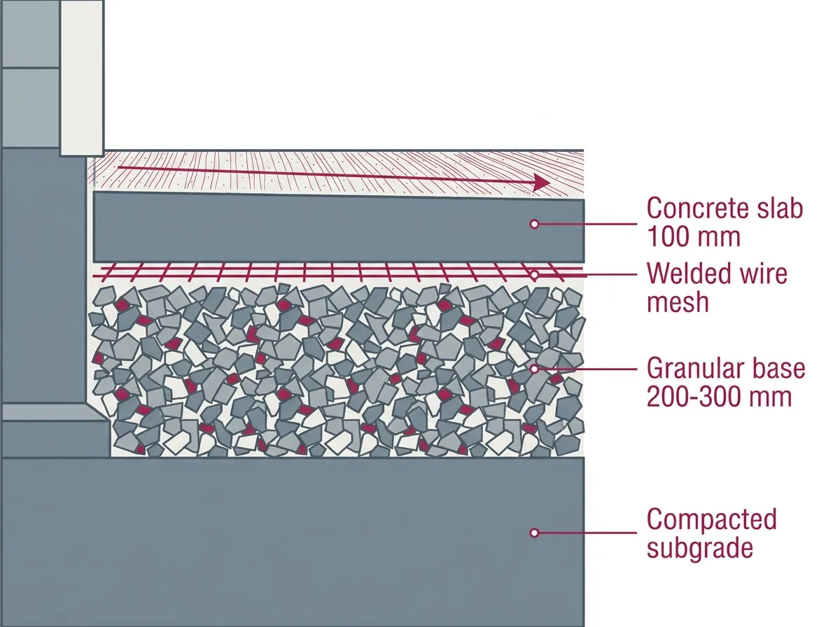 Cross-section diagram of a concrete patio showing compacted subgrade, granular base, wire mesh and the concrete slab with a slope away from the house.