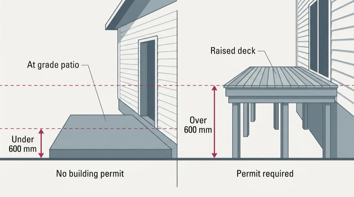 Diagram comparing an at-grade patio under 600 millimetres, which needs no building permit, with a raised deck above 600 millimetres, which does.