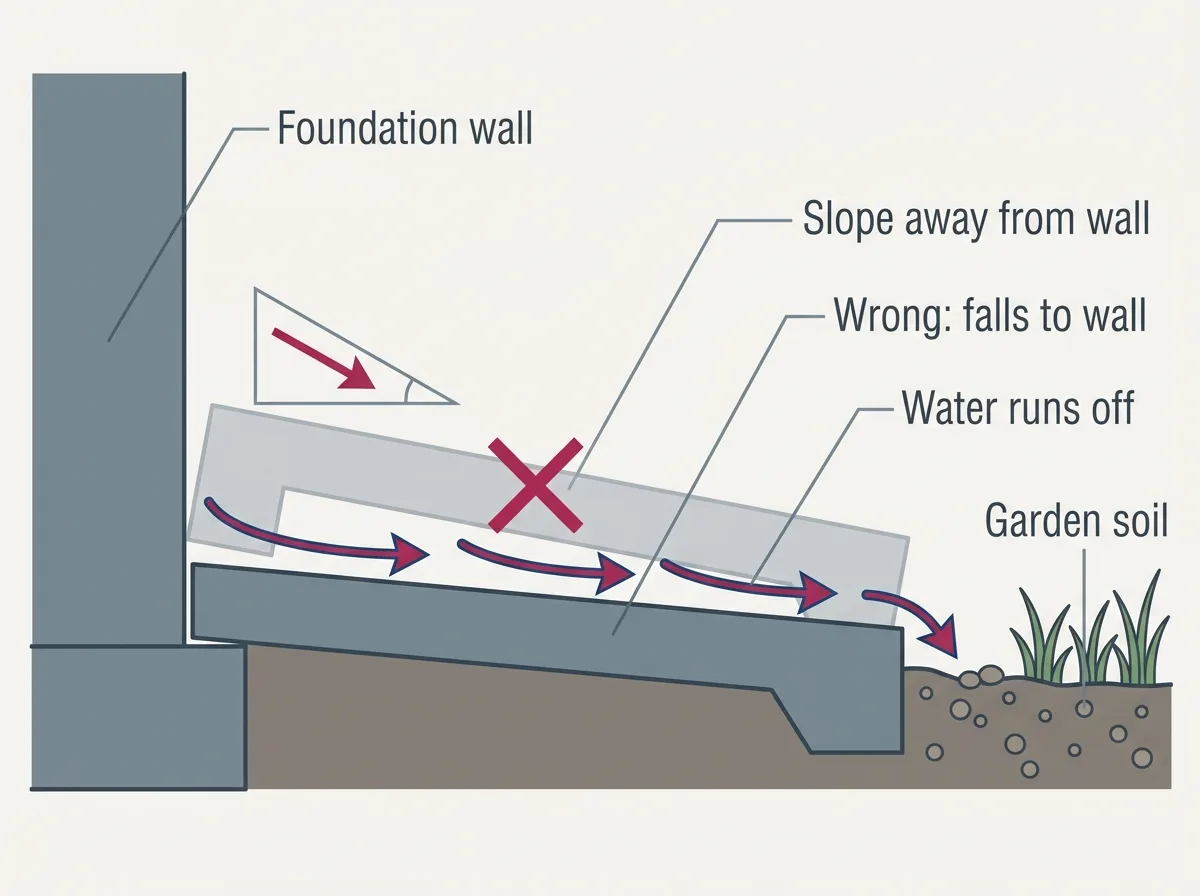 Diagram showing a patio slab sloped away from the house foundation so surface water runs to the garden rather than towards the wall.