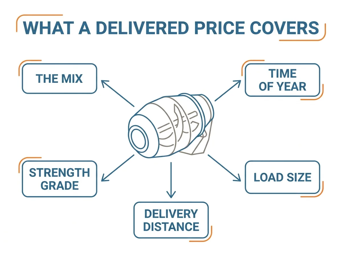 Flat diagram showing the parts of a delivered concrete price: the mix itself, the strength grade, the delivery radius, the load size and the time of year.