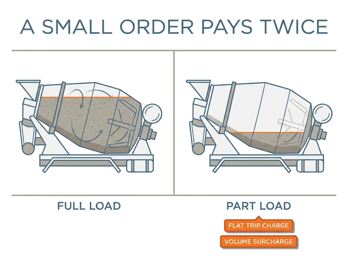 Diagram contrasting a full ready-mix load with a part load, showing that a small order pays a flat delivery charge and a surcharge per cubic metre on top of the concrete.