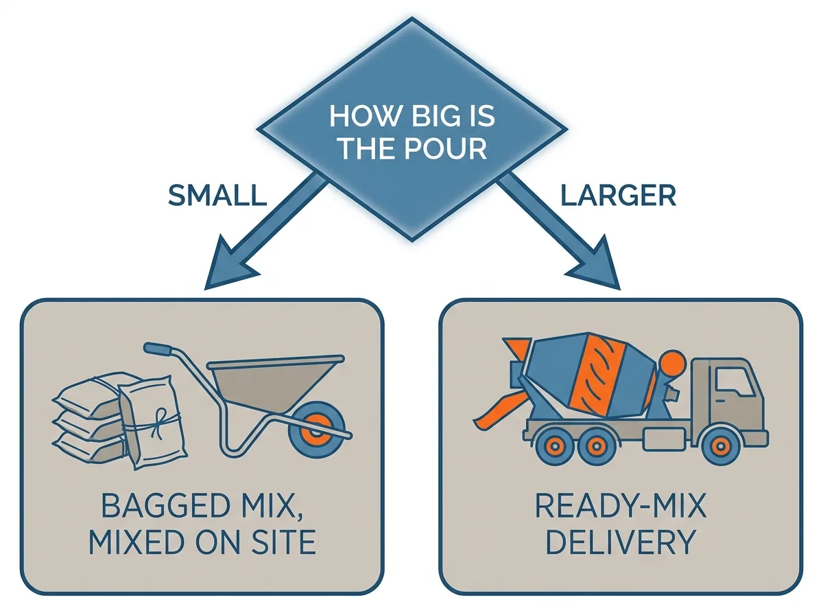 Decision diagram with two branches: a small pour goes to bagged mix mixed on site, and a larger pour goes to a ready-mix delivery.