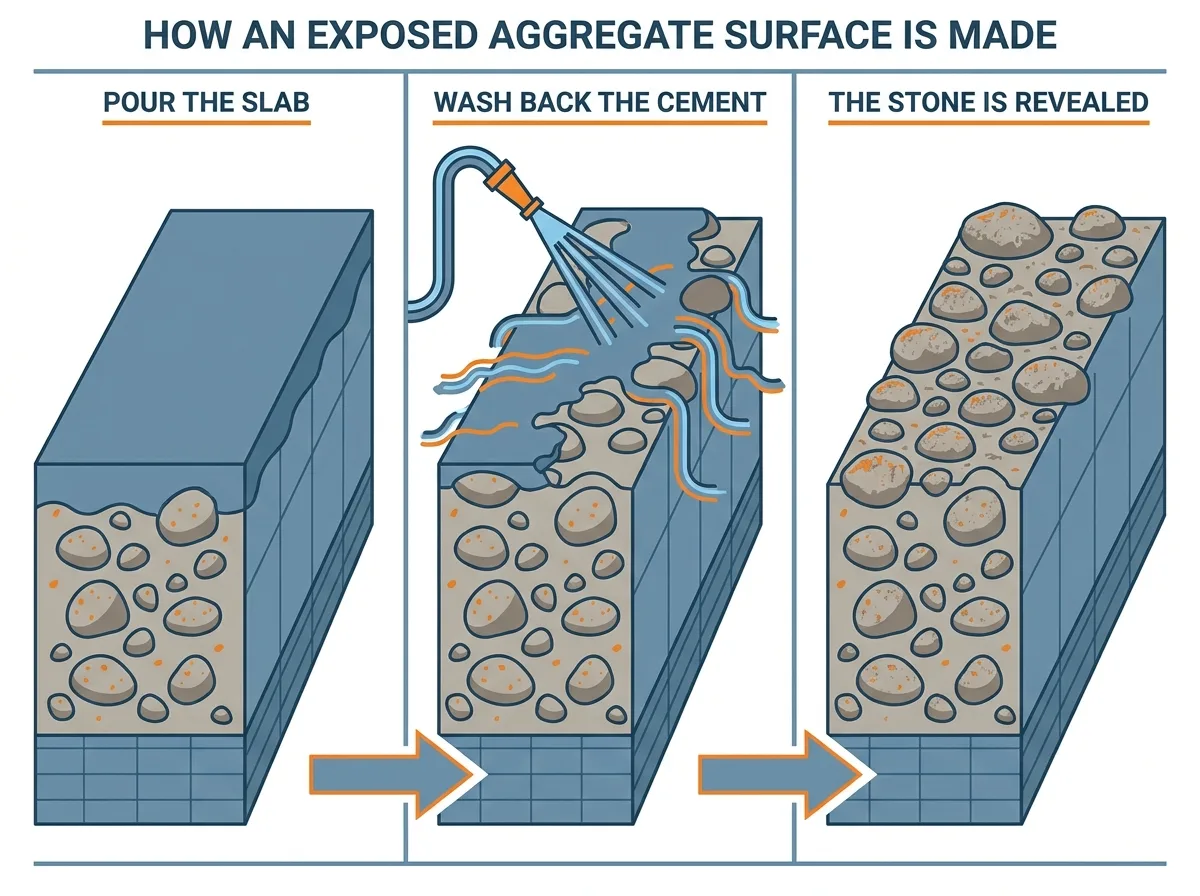 Three-step diagram of making an exposed aggregate surface: pour the slab, wash back the surface cement paste, and reveal the stone aggregate standing proud of the surface.