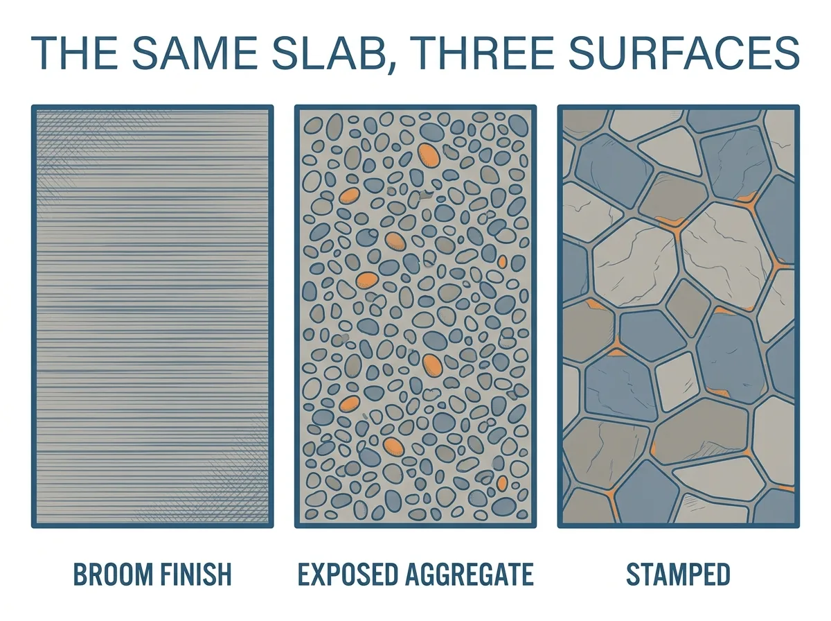 Diagram comparing three concrete driveway surfaces side by side: a smooth broom finish, a pebbled exposed aggregate finish, and a patterned stamped finish.
