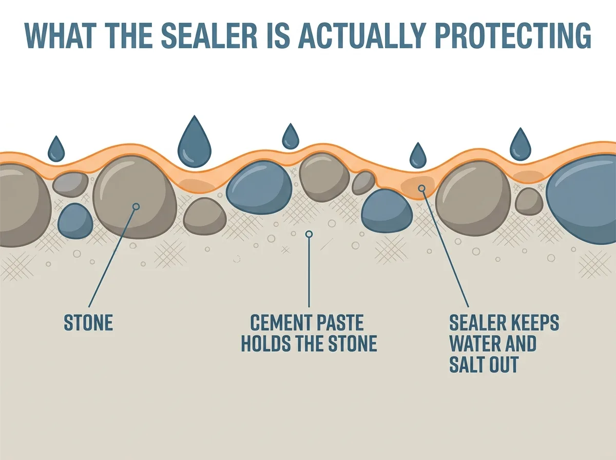 Cross-section diagram of an exposed aggregate surface showing stones held by cement paste, with a sealer layer keeping water and salt out of the paste between them.