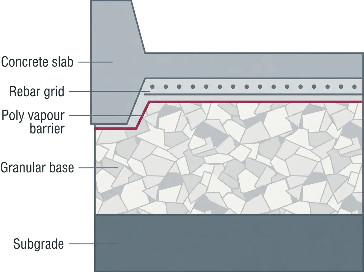 Cross-section of a garage pad showing excavated subgrade, compacted granular base, polyethylene vapour barrier, reinforcement and the concrete slab.