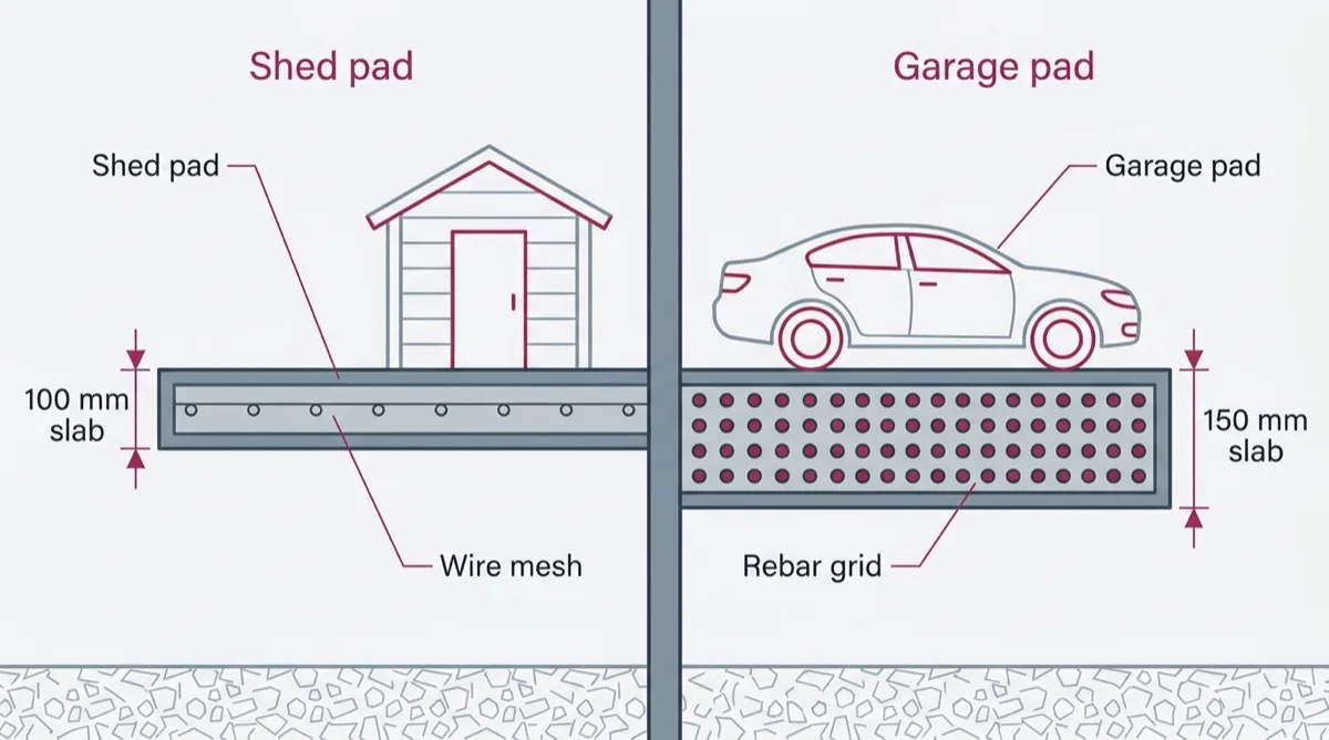 Comparison of a 100 millimetre slab suited to a shed pad against a 150 millimetre slab suited to a garage pad carrying a vehicle.