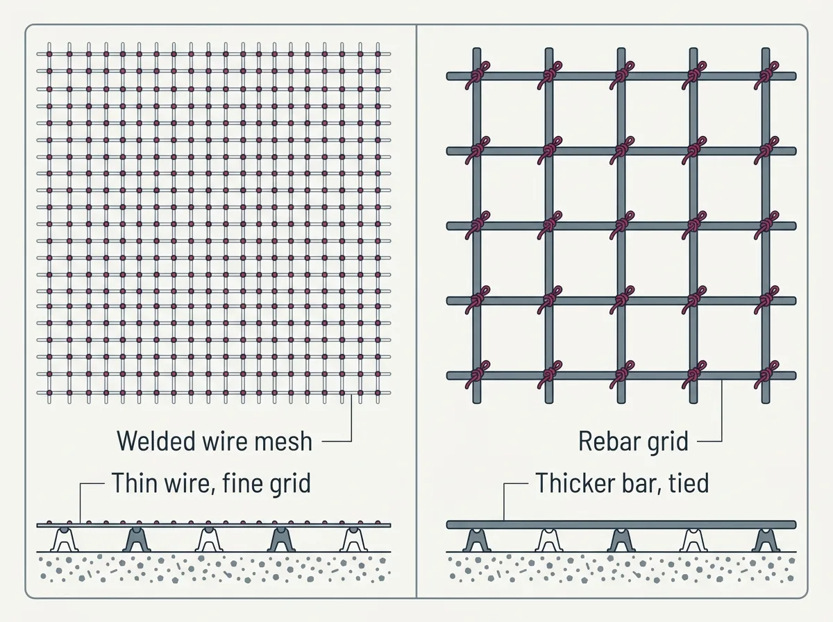 Comparison of welded wire mesh and a tied reinforcing bar grid, showing the difference in bar thickness and spacing.