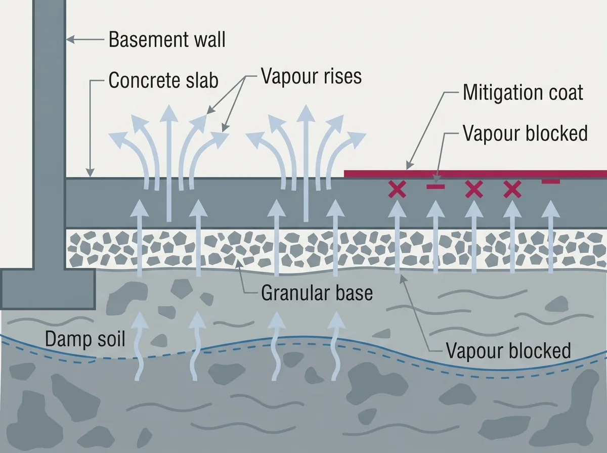 Diagram showing ground moisture rising through a basement slab as vapour, and how a vapour barrier or mitigation coating blocks it.