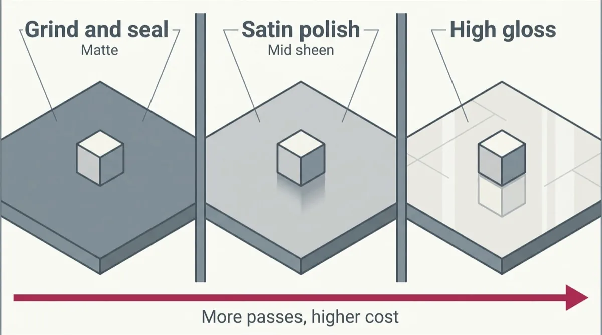 Comparison of three polished concrete finishes: a matte grind and seal, a satin mid-sheen, and a high-gloss polish, shown as increasing reflectivity.