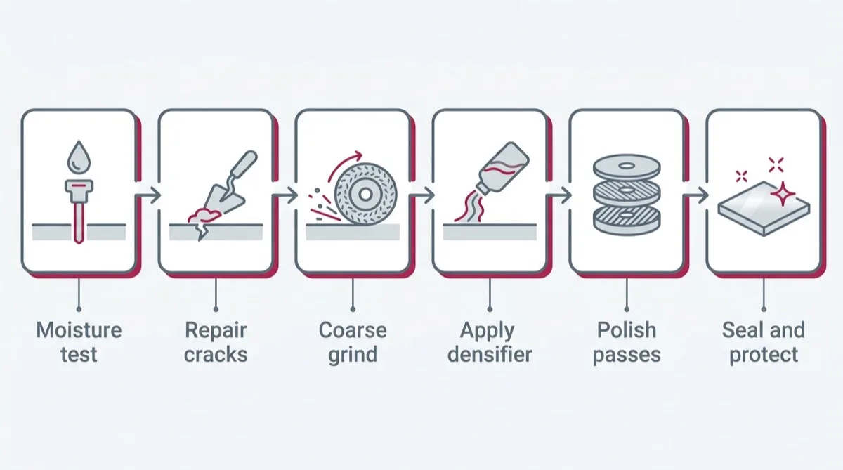 Process diagram of a polished concrete floor: moisture test, crack and joint repair, coarse grinding, densifier, progressive polishing passes and sealing.