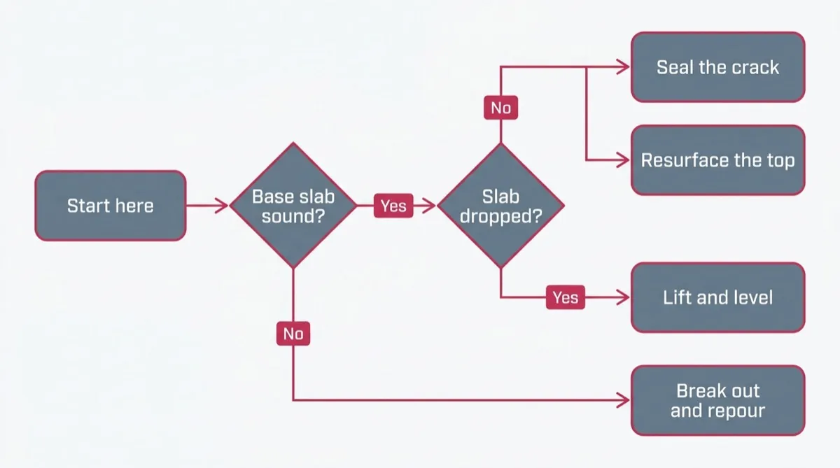 Decision flow chart moving from checking whether the base slab is sound, through whether the slab has settled, to repair, levelling, resurfacing or full replacement.