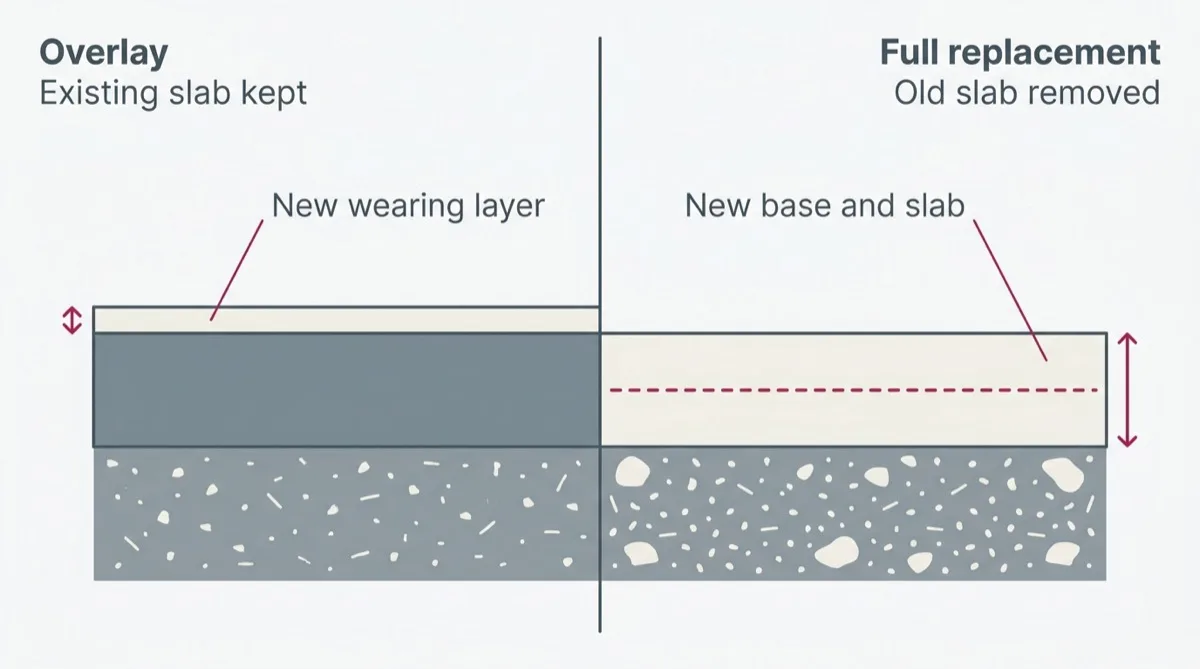 Side-by-side cross-sections comparing a thin overlay bonded onto a sound existing slab against a full tear-out and repour on a new granular base.
