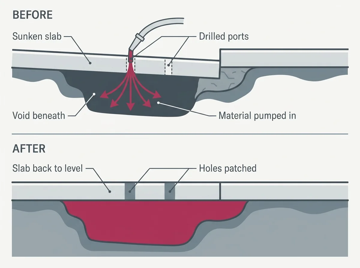 Diagram of slab lifting: small holes drilled through a sunken slab, material pumped into the void beneath, and the slab raised back to level.