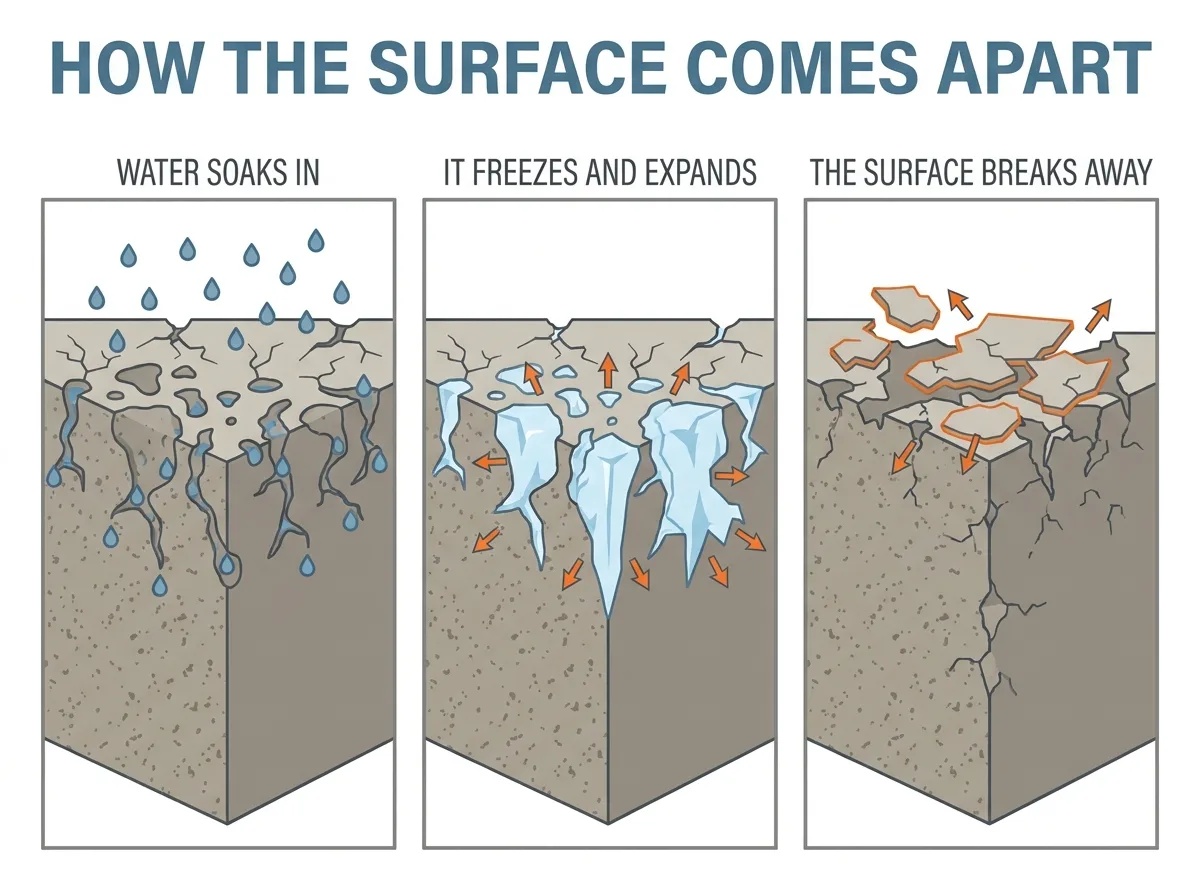 Diagram of freeze-thaw surface damage in concrete: water enters the pores at the surface, freezes and expands, the pressure breaks the surface apart, and de-icing salt accelerates the process.