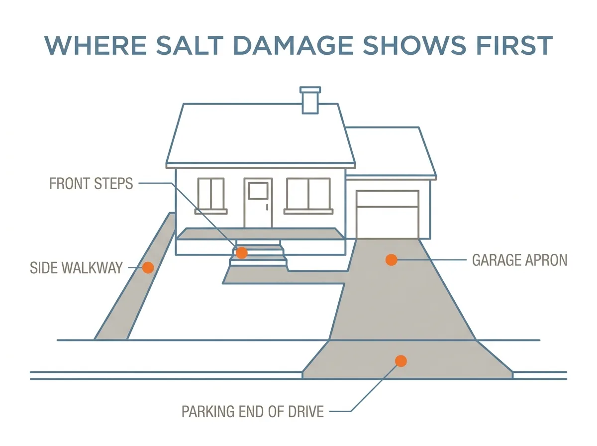 Diagram of a house frontage marking where salt damage appears first: the front steps, the garage apron, the parking end of the driveway and the side walkway.