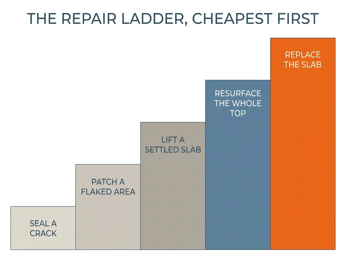 Diagram of the concrete repair ladder in order of cost: sealing a crack, patching a spalled area, lifting a settled slab, resurfacing the whole surface, and replacing the slab.