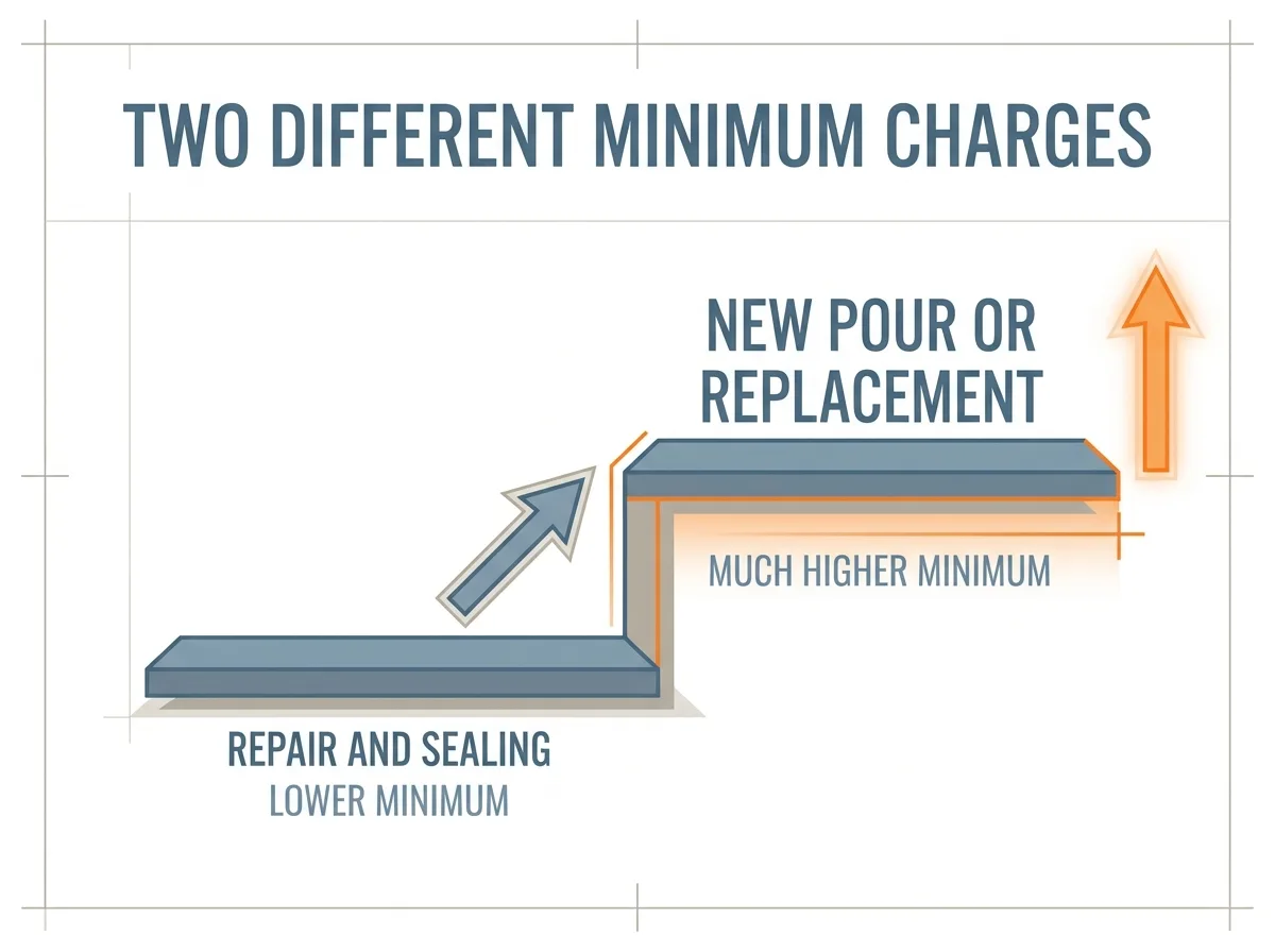 Diagram showing two separate minimum charges for concrete work: a low floor for repair and sealing work, and a much higher floor for a new pour or a full replacement.