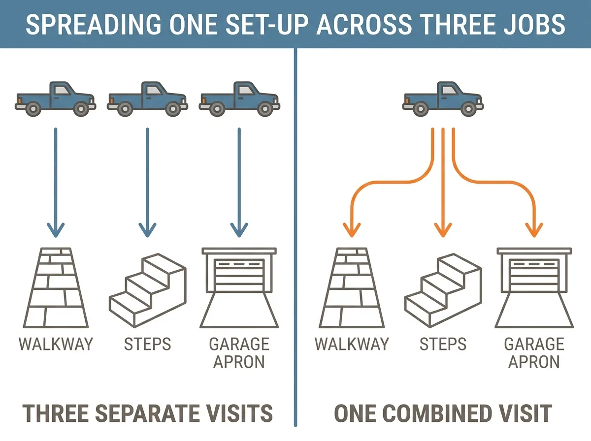 Diagram comparing three separate contractor visits for a walkway, a set of steps and a garage apron against one visit that covers all three.