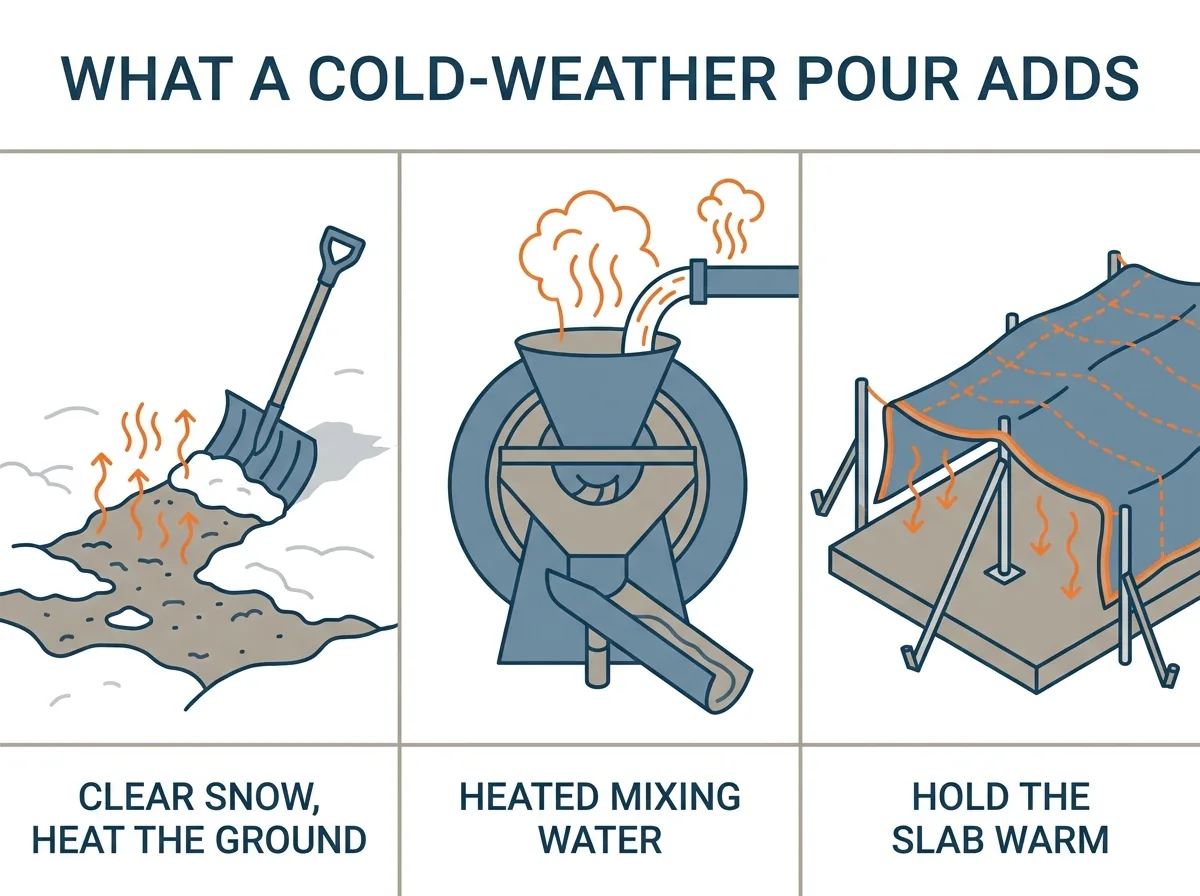 Diagram of what a cold-weather concrete pour requires: clearing snow and pre-heating the ground, heated mixing water at the plant, and a heated enclosure or insulation held over the fresh slab.