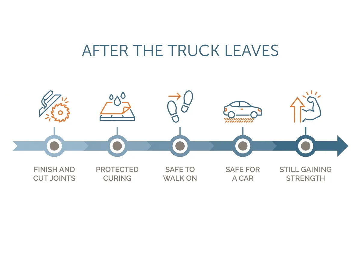 Timeline diagram of the stages after a concrete pour: finishing and joint cutting, a protected early curing period, safe to walk on, safe for light vehicles, and continued strength gain.