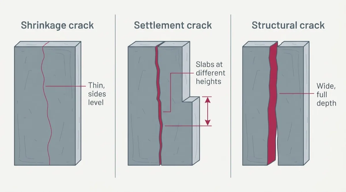 Comparison of three concrete crack types: a fine shrinkage crack, a stepped settlement crack with slabs at different heights, and a wide structural crack.