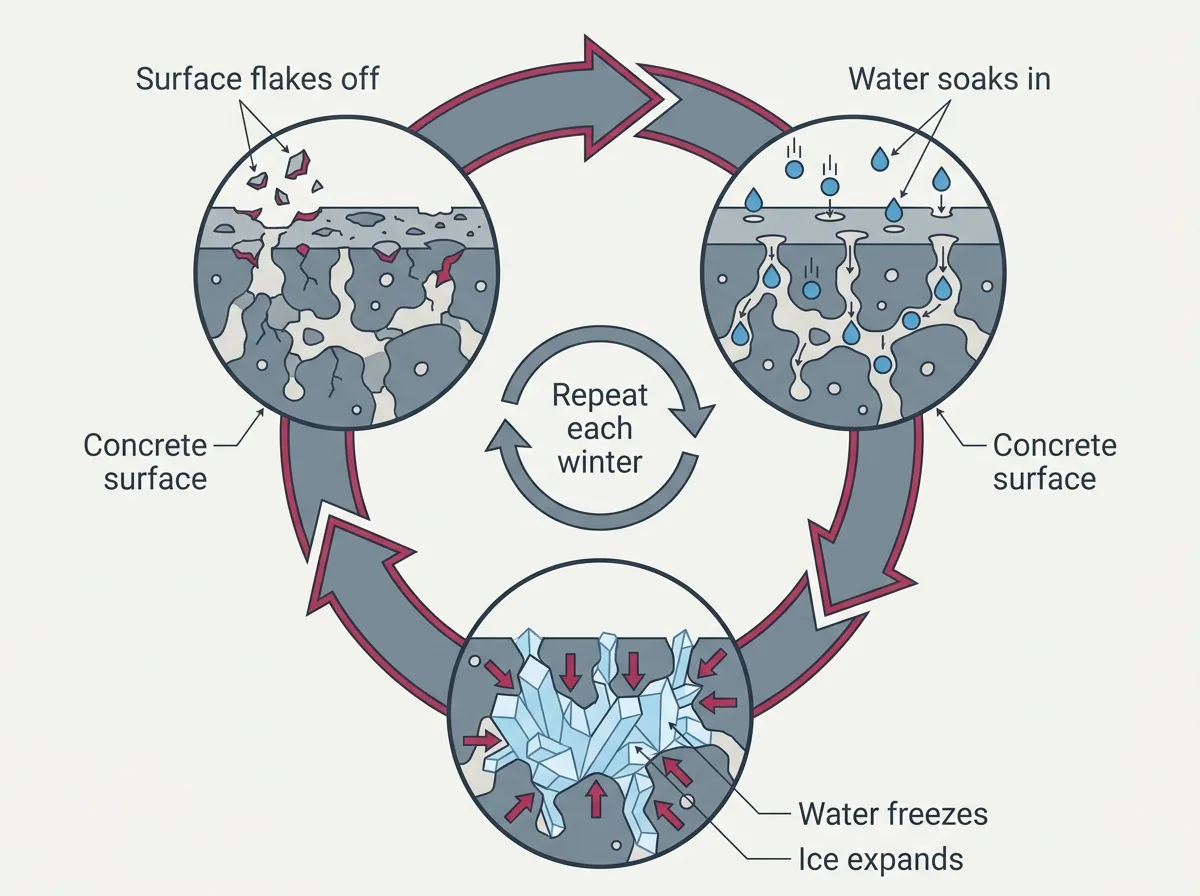 Diagram of a freeze-thaw cycle in a concrete slab: water soaks into the surface, freezes and expands, and flakes the surface away over repeated winters.