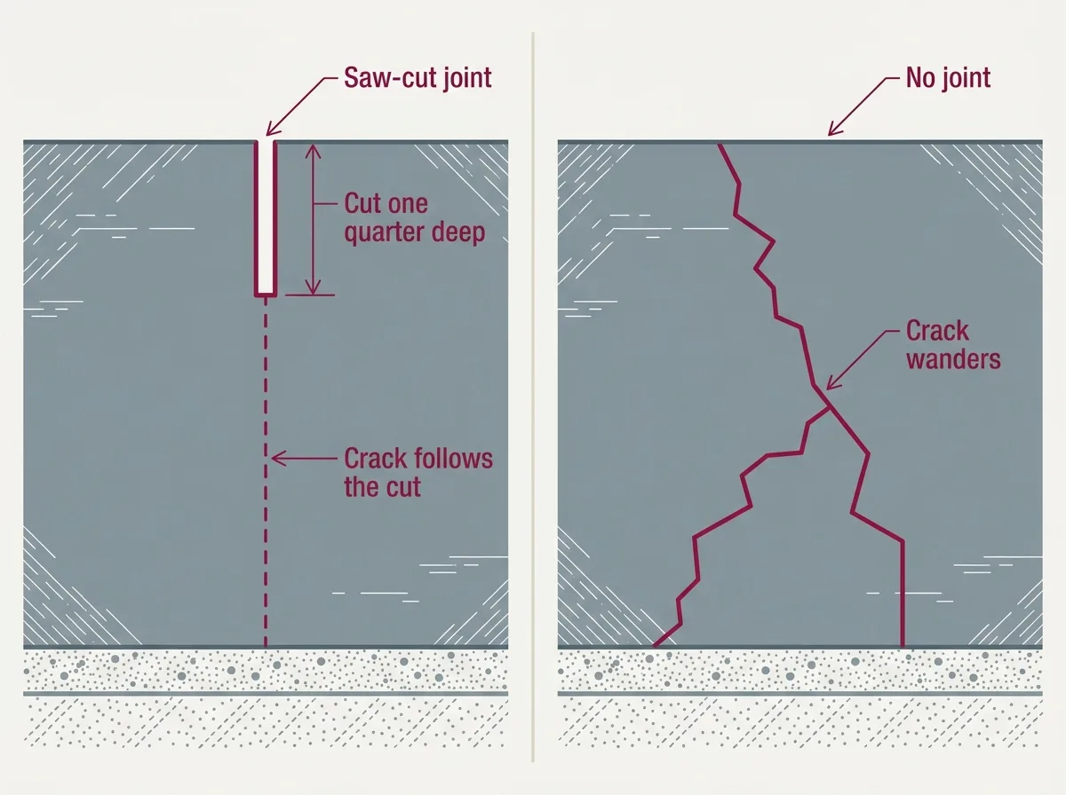 Cross-section showing a saw-cut control joint that sets a weakened plane so the slab cracks straight down the groove instead of randomly.